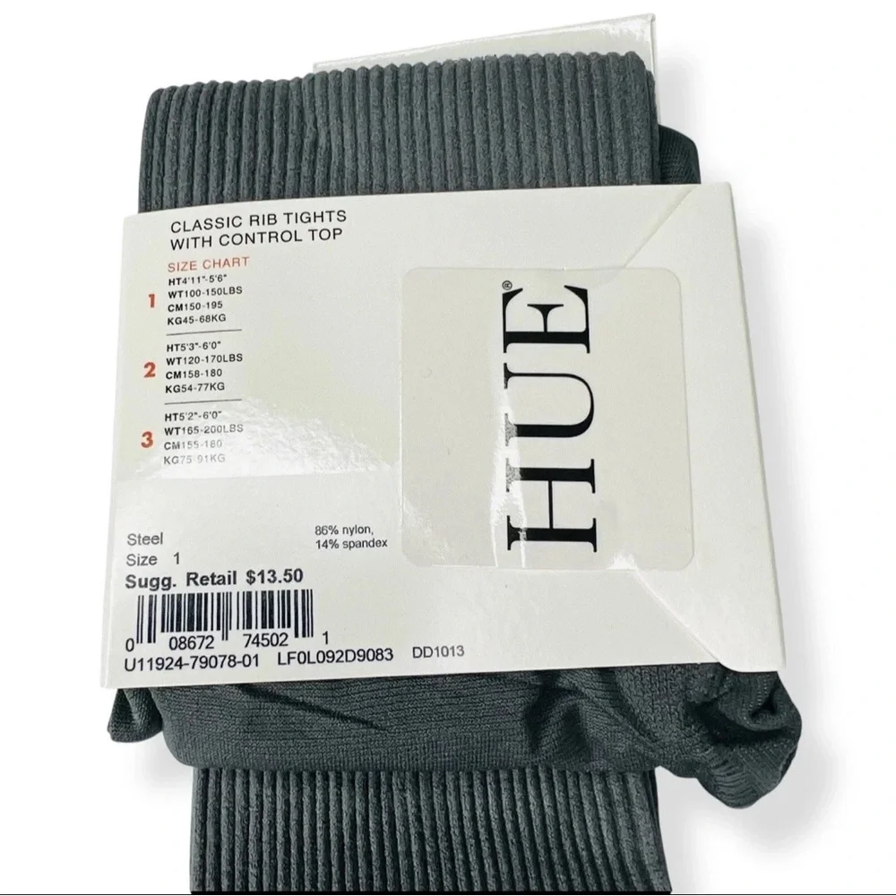 HUE Rib‎ Tights with Control Top Womens Size 1 Steel Gray